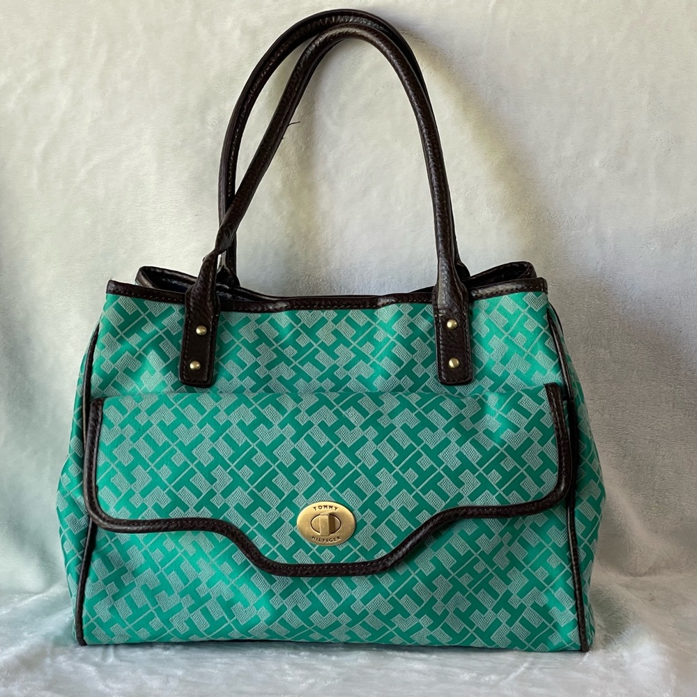 Tommy Hilfiger signature logo teal green satchel tote shoulder bag - Picture 2 of 10